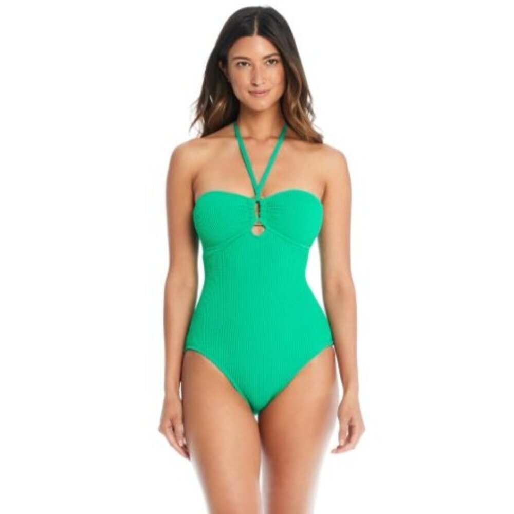 New Bleu Rod Beattie Halter Pucker Green Size 14 One Piece Swimsuit Bathing Suit